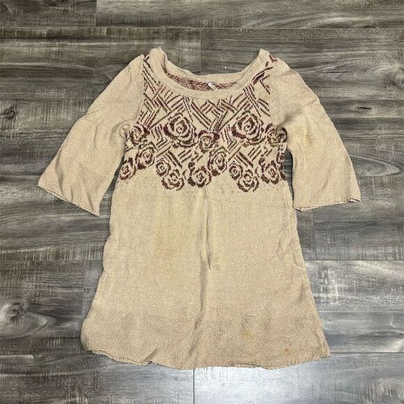 Free People XS Beige Boho Knit Bell Sleeve Tunic Dress Red Rose Floral - Picture 1 of 6